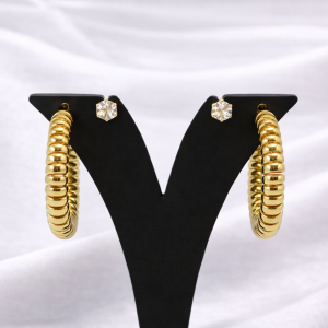 Gold Ribbed Hoop Stud Earrings